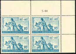 Colonies France Libre 1943 Y&T N°7 Au Profit Des œuvres De Solidarité 10f + 40f Bloc Carré De 4 Avec Coin Daté MNH** - Altri & Non Classificati