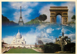 CPM Paris La Tour Eiffel L'Arc De Triomphe Le Sacre Coeur Et La Nef De Notre Dame - Eiffelturm