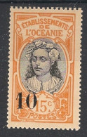 OCEANIE - 1916 - N°YT. 43 - Tahitienne 10 Sur 15c Orange - VARIETE Surcharge Décalée - Neuf* / MH VF - Neufs