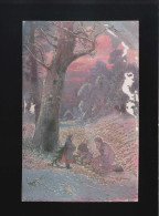 Alter Mann Kinder Reisig Sammeln Schnee Wald Nachts Sign. AB, München 29.11.1906 - Hold To Light