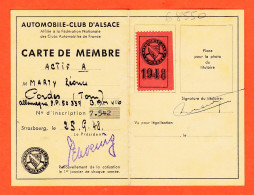 39661  Carte Membre Actif A Automobile-Club ALSACE 1948-1955 (•◡•) Leonce MARTY Cordes Tarn Allemagne SP-50337 BPM 416◉ - Mitgliedskarten