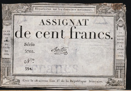 05980 /  ️ (•◡•) Etat TB+ Assignat Signé BERTON CENT 100 Francs Créé Lle 18 Nivrose AN 3 Série 3702 N°394 - Assignats