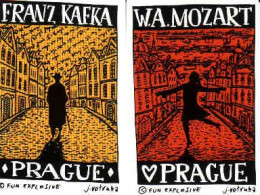 Czechia, Étiquettes De Boîte D'allumettes, Franz Kafka, W.A. Mozart, Prague, J. Votruba Fun Explosive - Matchbox Labels