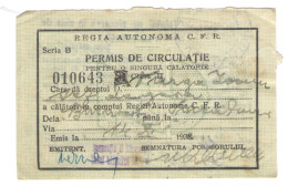 RAILWAY ROUNDTRIP 2ND CLASS PERMIT No 010643 ISSUED BY ROMANIAN RAILWAYS, CFR  AND  AVIATION STAMPS,14.11.1938, ROMANIA - Europe