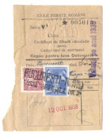 FREE RAILWAY PERMIT No 005015 ISSUED BY ROMANIAN RAILWAYS,  OCTOBER COUPON, CFR AND AVIATION STAMPS, 12.10.1938, ROMANIA - Europe