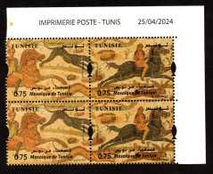 2024- Tunisie - Mosaïques - Chasse- Cavaliers - Chien- Lapin- Lièvre - Paire De Bande De 2 Timbres - MNH** Coin Daté - Tunisie (1956-...)