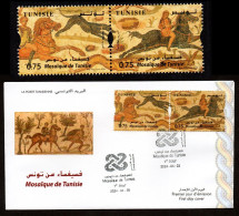 2024- Tunisie - Mosaïques - Chasse- Cavaliers - Chien- Lapin- Lièvre - FDC + Bande De 2 Timbres - MNH** - Tunisie (1956-...)