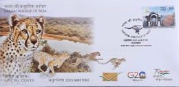 India 2023 Amritpex Natural Heritage Of India G20 Summit Cats Of Prey Leopard / Chita Special Cover As Per Scan - Félins