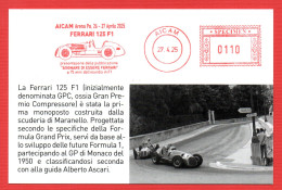 125 F1 FERRARI AUTO-75° ANN. DEBUTTO NEL CAMPIONATO MONDIALE-SPECIMEN AFFRANCATURA ROSSA - EMA - METER - FREISTEMPEL - Auto's