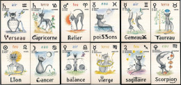 12 CPSM / CPM 10.5 X 15 Les 12 Signes Du Zodiaque Astrologie CHAT'Horoscope  Souris Illustrateur Colette DESMAISON - Astrologie