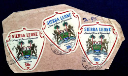 SIERRA LEONE 1967, COVER CUT OUT ONLY, ODD SHAPE 3 STAMP COAT OF ARM, LAND OF IRON & DIAMOND. - Sierra Leone (1961-...)