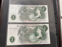Great Britain = 2 X £ 1 Banknotes, Cashier Fforde, 1960’s, Uncirculated Consecutive Serial Numbers - 1 Pound