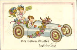 Artiste CPA Glückwunsch Muttertag, Gratulanten, Auto, Blumenstrauß, Hund - Moederdag