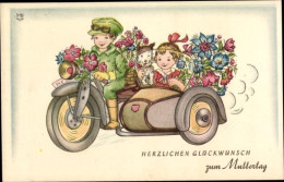 Artiste CPA Glückwunsch Muttertag, Gratulanten, Kinder, Motorrad, Hund, Blumen - Moederdag