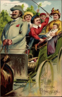 Lithographie Glückwunsch Pfingsten, Ausflugsgesellschaft In Einer Kutsche - Pfingsten