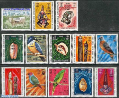 New Hebrides 1977 Overprints 13v E, Mint NH, Nature - Birds - Cattle - Shells & Crustaceans - Kingfishers - Pigeons - Neufs