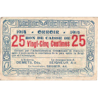 Belgique, 25 Centimes, ORROIR, TB+ - Monetary /of Necessity
