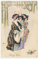 CPA 9 X 14  Illustrateur Xavier SAGER Bonne Année Promenade Dans Un Sous Bois Enneigé Fourrures Houx - Sager, Xavier