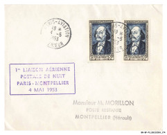 BR-BFP3-1129-TIMBRES - Paris-montpellier - 1re Liaison Aérienne - 1953 - 1927-1959 Brieven & Documenten