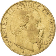 Monaco, Charles III, 20 Francs, Vingt, 1879, Paris, Or, TB+, Gadoury:MC 120 - 1819-1922 Honoré V, Charles III, Albert I