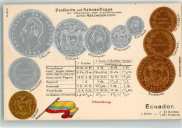 13289744 - Muenzenkarte Und Nationalflagge Muenzabbildungen Geld Auf AK Lithographie - Ecuador