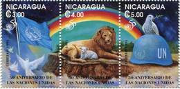 Lote 2114, Nicaragua, 1995, Sello, Stamp, 3 V, 50 Aniversario De Las Naciones Unidas, NU, Leon Sheep Bird Flag Rainbow - Nicaragua
