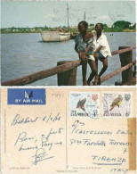 Gambia Children At The Mall In Bathurst - Color AirmailPPC 8apr1968 To Italy With BIrds Fish-Eagle 4d + Puto Puto 6d - Gambie (1965-...)