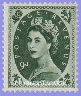 GREAT BRITAIN 1955 WILDING Q.E. II  ST. EDWARD'S CROWN WATERMARK  9d. BRONZE GREEN  U.M.  S.G. 551 - Unused Stamps