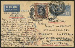 INDIA: 4a. Postal Card + Additional Postage Of 1R. To Pay The Airmail Fee From Moradabad To Argentina, Also With A Red M - Autres & Non Classés