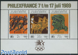 Suriname, Republic 1989 Philexfrance S/s, Mint NH, History - Nature - Sport - Archaeology - Horses - Olympic Games - P.. - Archéologie