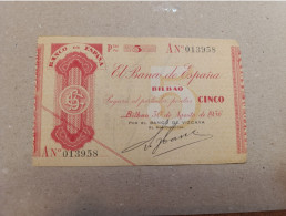 5 Pts Del Banco De España (Bilbao), Año 1936, Serie A013958, Nº Bajo, Sc- - 5 Pesetas