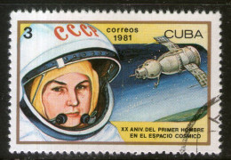 CUBA Sello Usado 20° ANIVERSARIO 1° MUJER EN EL ESPACIO, VALENTINA TERESHKOVA Y COHETE VOSTOK 6 Año 1981 - Oblitérés