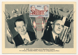 PEROU / FRANCE - 3 Cartes Maximum - M. René Coty Et M. Manuel Prado, Tour Eiffel, Blason De Bordeaux... 1957 - Pérou