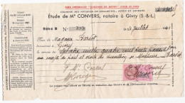 Reçu Du 21 Juillet 1941 - Givry (71) - Timbre Fiscal TF 129 - Bills Of Exchange
