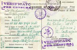 EGYPTE-SUISSE (CROIX-ROUGE)-ITALIE. 1941.PRISONNIER GUERRE ITALIEN (CAMP M.E).  CENSURE. - Lettres & Documents
