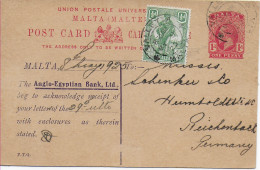 Post Card Malta, Anglo-Egyptian Bank To Reichenbach, 1925 - Malte