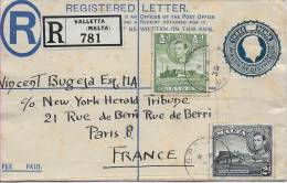 Registered Letter Valletta To Paris, 1939 - Malte