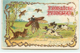 N°18675 - Fröhliche Pfingsten - Chiens Et Chat Courant Après Des Hannetons - Pfingsten