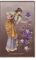 N°16475 - Carte En Relief - Art Nouveau - Heureux Anniversaire - Jeune Femme Cueillant Des Violettes - Geburtstag