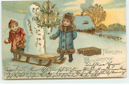 N°19773 - Carte Fantaisie - Fröhliche Weihnachten - Enfants Près D'un Bonhomme De Neige Sur Une Luge - Andere & Zonder Classificatie