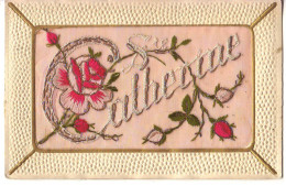 N°19752 - Carte Brodée - Prénom - Catherine - Roses - Embroidered