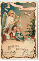 N°19771 - Fröhliche Weihnachten - Enfants Chantant Avec Un Ange Gardien Près D'un Sapin - Andere & Zonder Classificatie