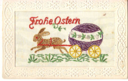 N°19602 - Carte Brodée - Frohe Ostern - Lièvre Tirant Un Oeuf - Embroidered