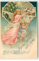 N°19622 - Fröhliche Weihnachten - Ange Gardien Montrant Un Village, Avec Un Ange Jouant D'une Flûte - Andere & Zonder Classificatie