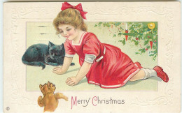 N°15496 - Carte Gaufrée - Merry Christmas - Fillette - Chat - Teddy Bear - Andere & Zonder Classificatie