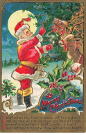 N°26227 - Carte Gaufrée - A Merry Christmas - Père Noël Devant Ses Rennes - Andere & Zonder Classificatie