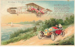 N°26222 - Carte Gaufrée - Avion Passant Au-dessus D'une Voiture - Geburtstag