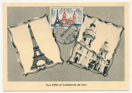 PEROU / FRANCE - Carte Maximum - 50 Cent. Tour Eiffel Et Cathédrale De Lima - 1957 - Eglises Et Cathédrales