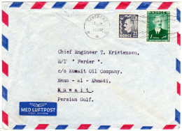 Norwegen 1955, 1 Kr.+25 öre Auf Luftpost Brief V Tönsberg N. Kuwait Persian Gulf - Lettres & Documents