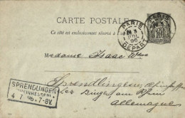 75 - PARIS : Entiers Postal De 1896 Pour SPRENDLINGEN - Allemagne. - Cartes Précurseurs